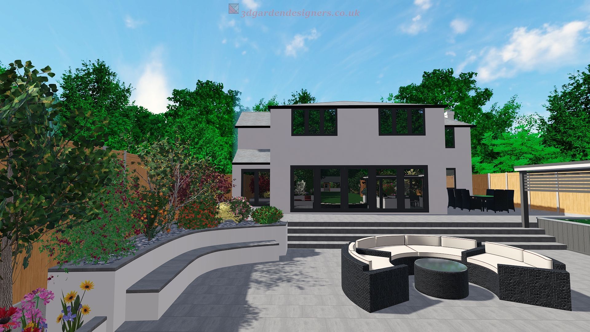 Backyard patio with modern home, seating, and landscaping under a sunny sky.