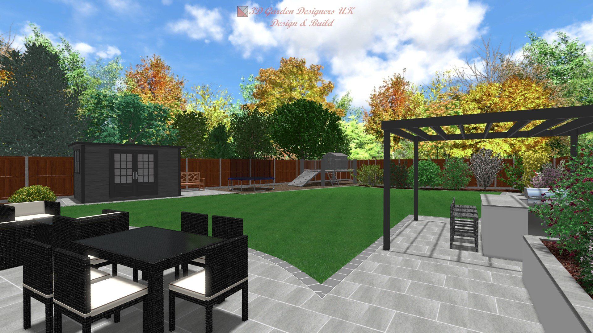 A computer generated image of a backyard with a table and chairs