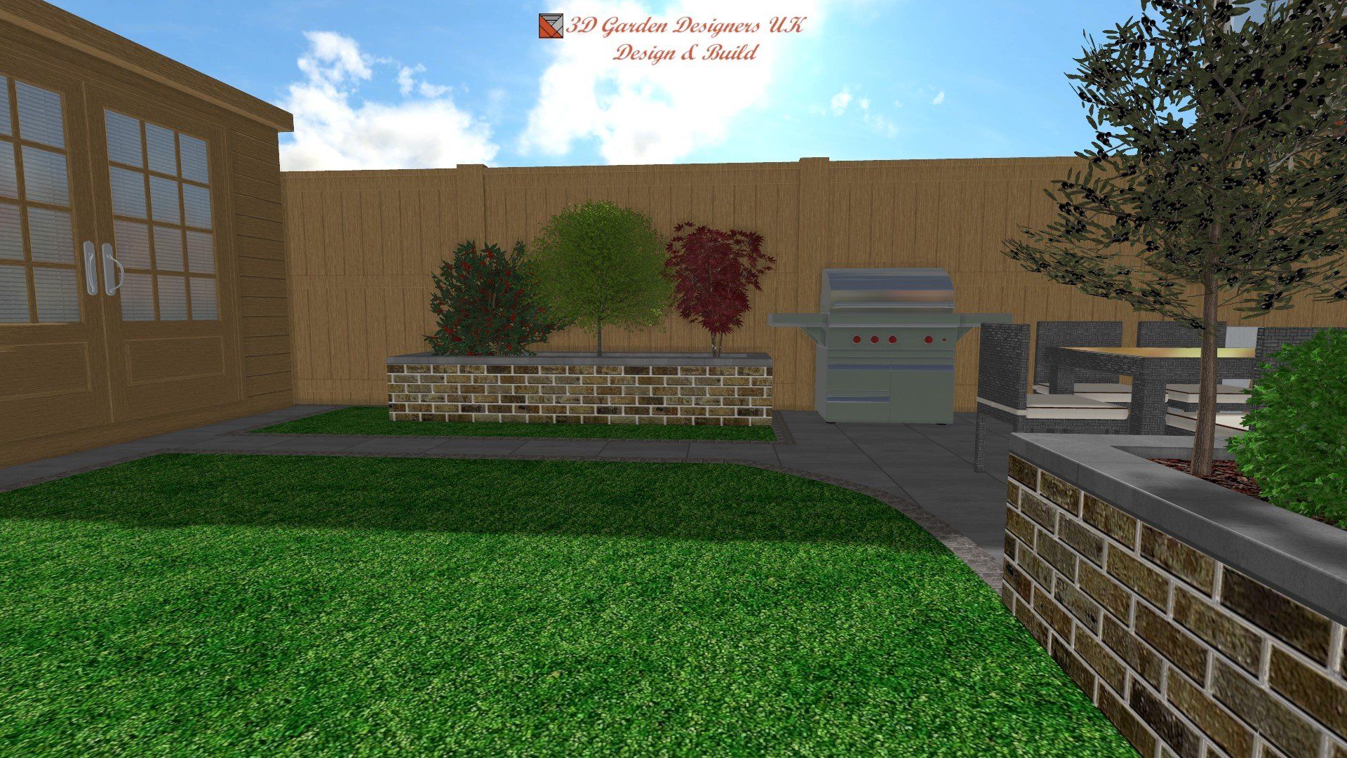 A computer generated image of a backyard with a wooden fence