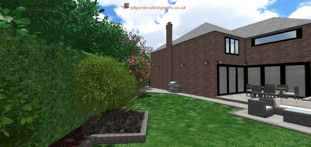 A computer generated image of a brick house with a large lawn in front of it.