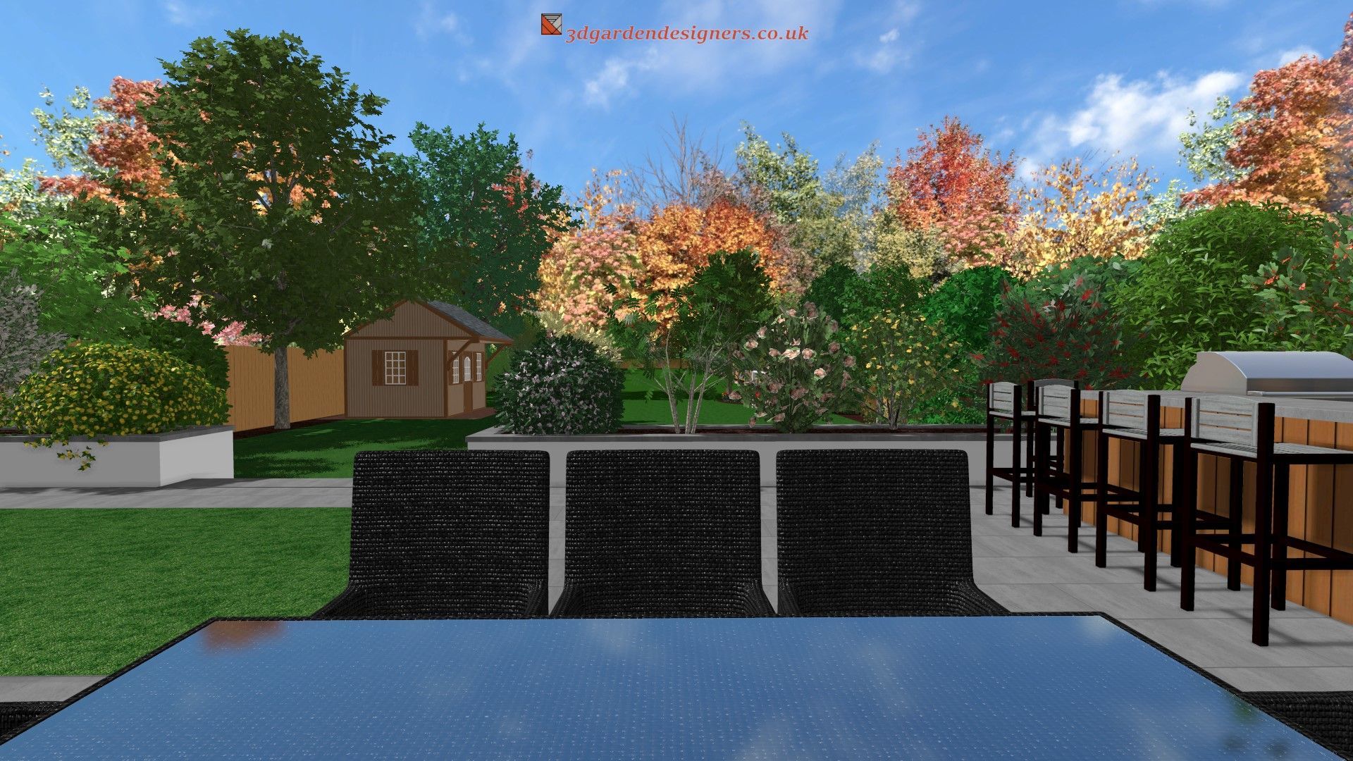 A computer generated image of a backyard with a pool and trees