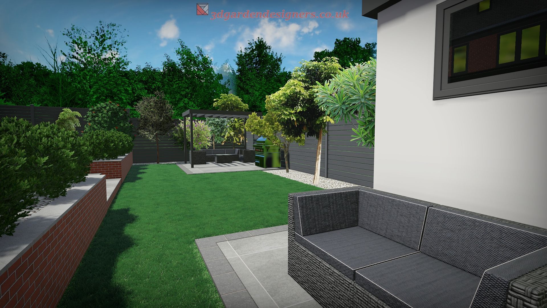 Backyard with lawn, patio furniture, brick wall, trees, and a modern house.