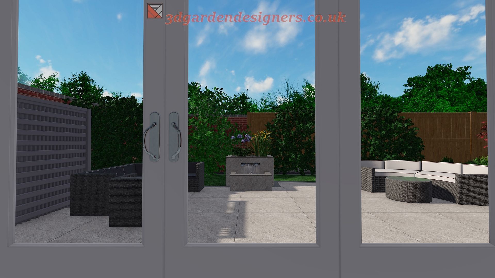 A computer generated image of a patio with a fire pit