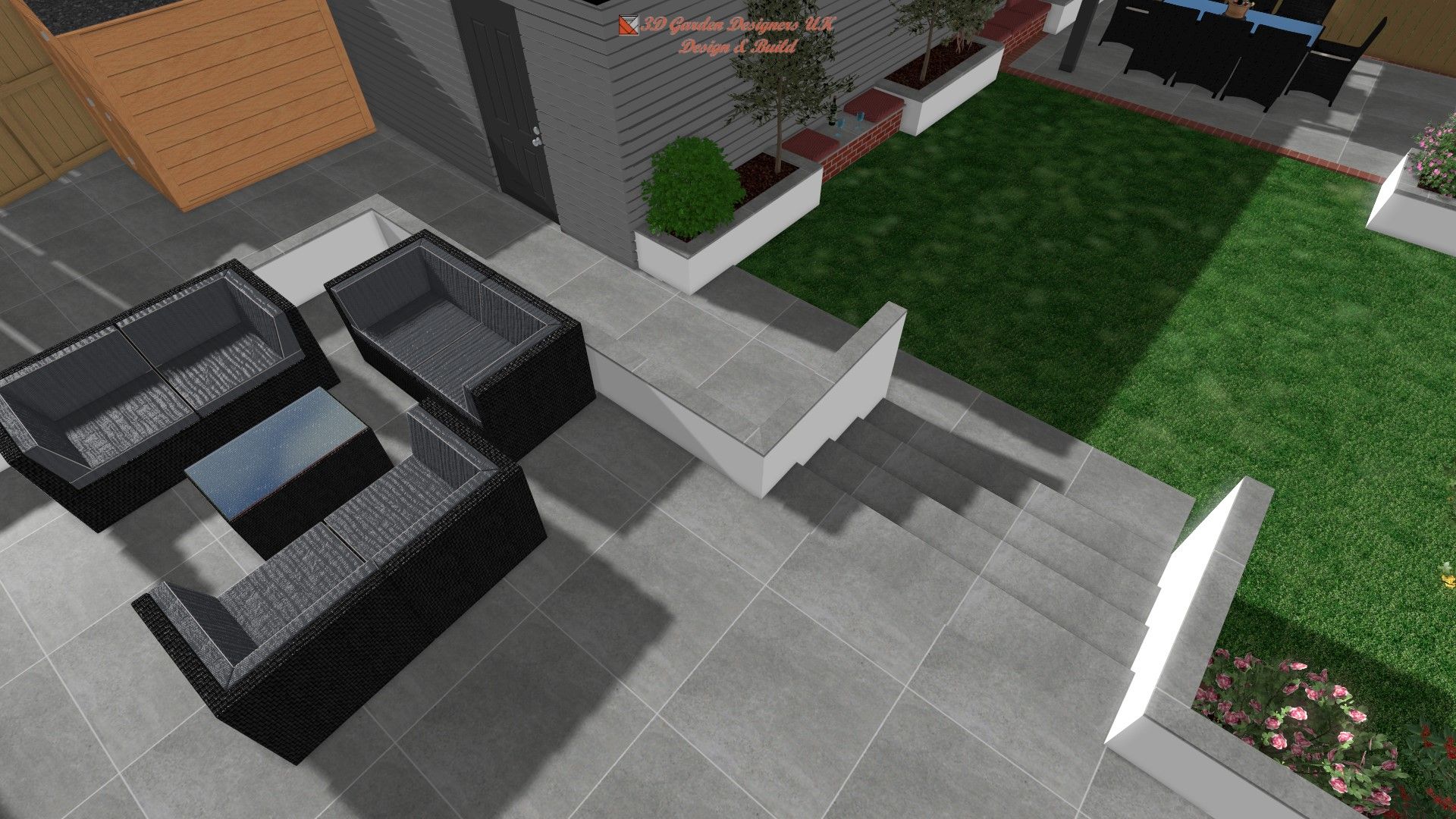 A computer generated image of a backyard with stairs leading up to it.