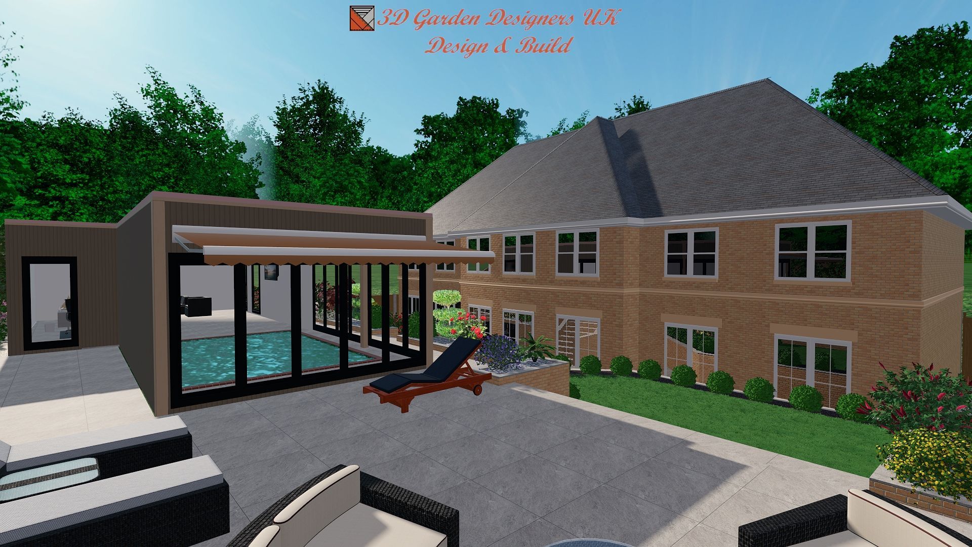 A computer generated image of a house with a swimming pool