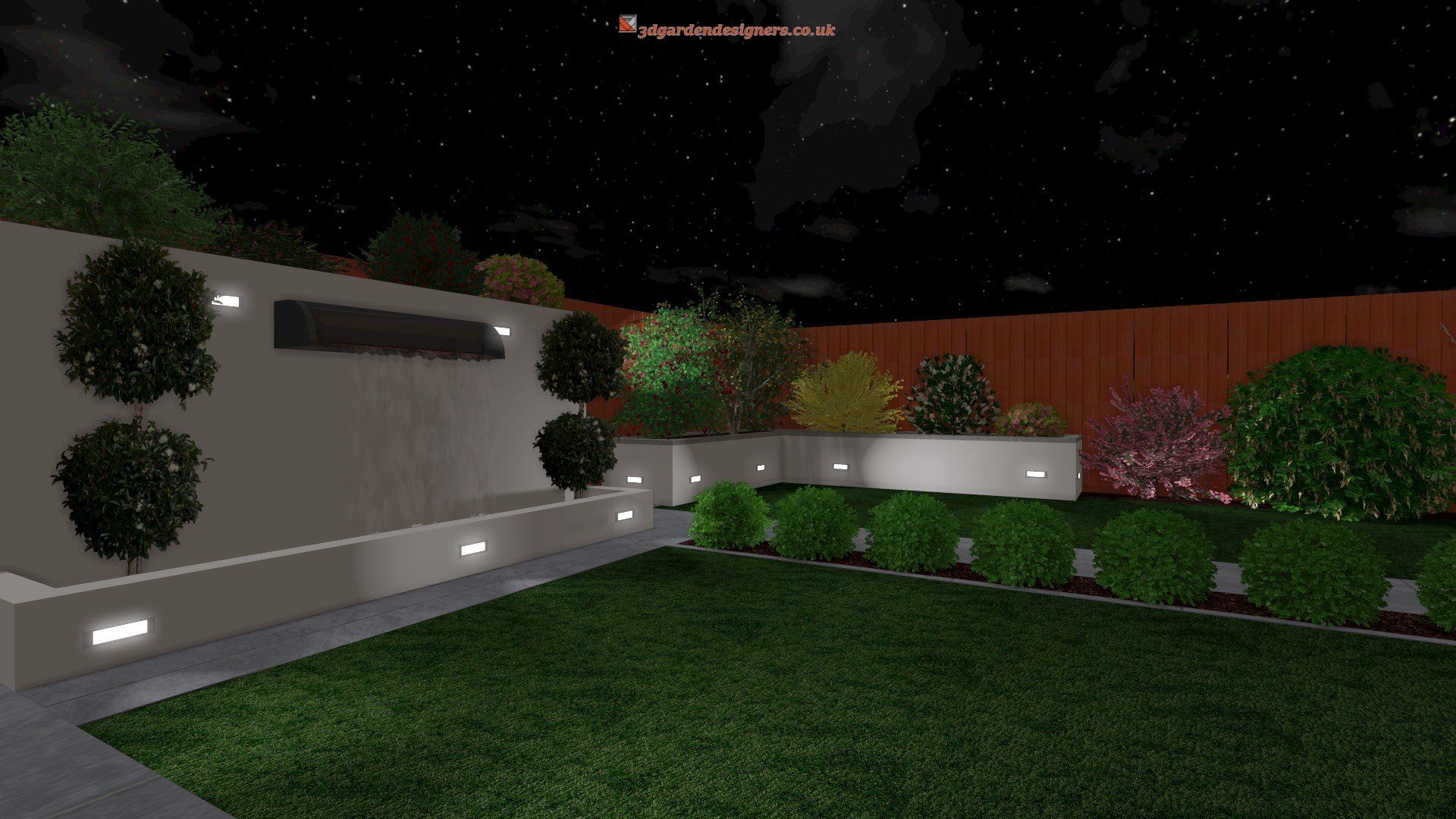 A computer generated image of a garden at night.