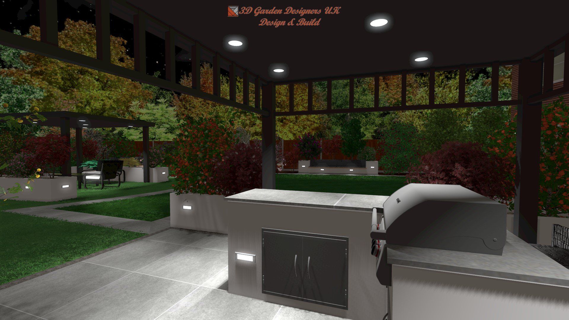 A computer generated image of a backyard with a grill and a gazebo.