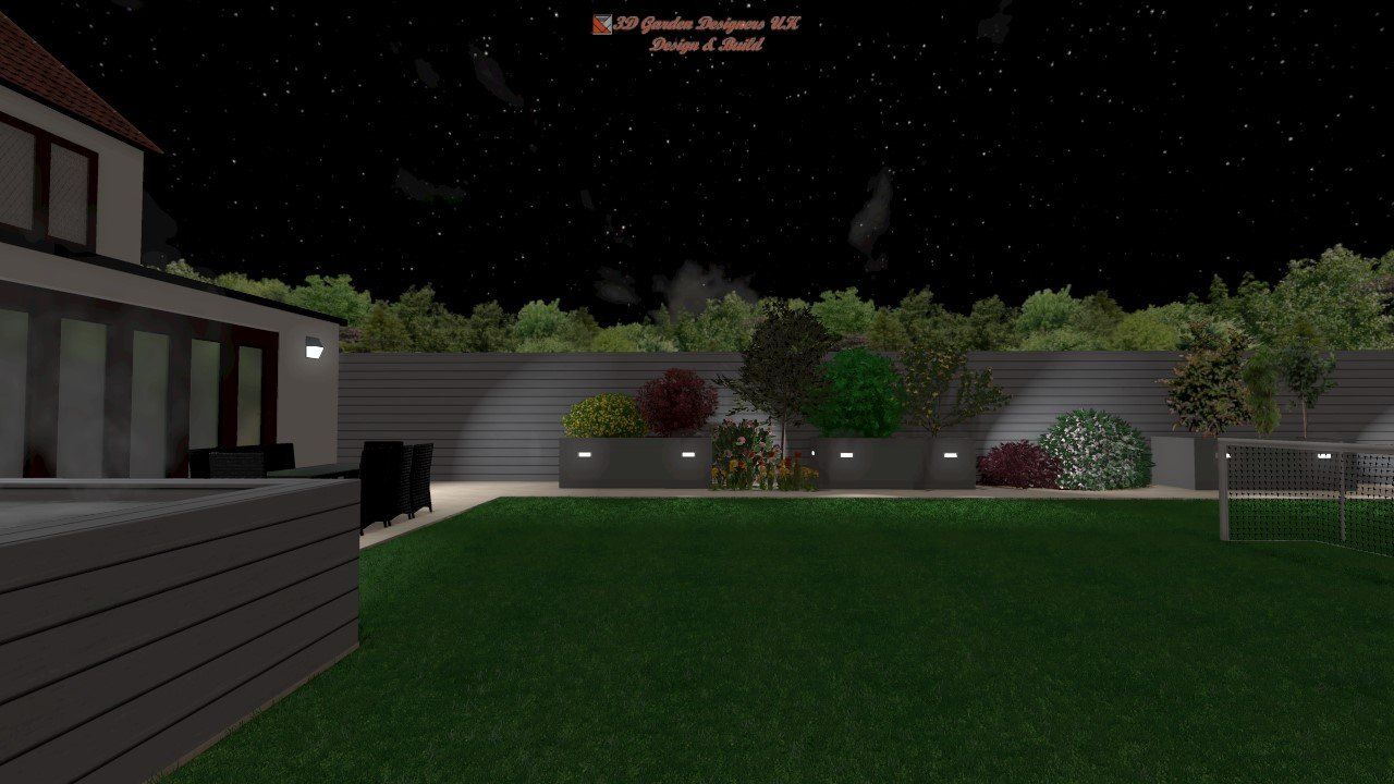 A computer generated image of a backyard at night