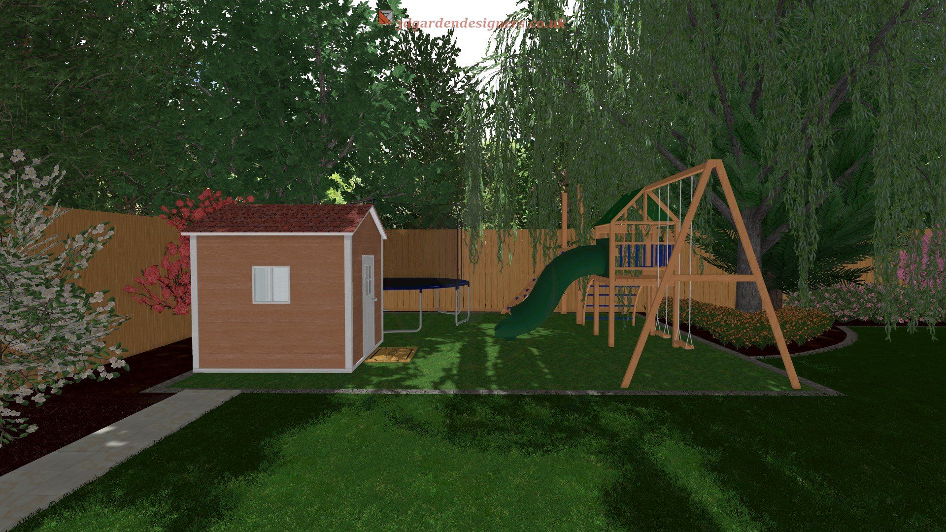 A computer generated image of a backyard with a swing set and a shed.