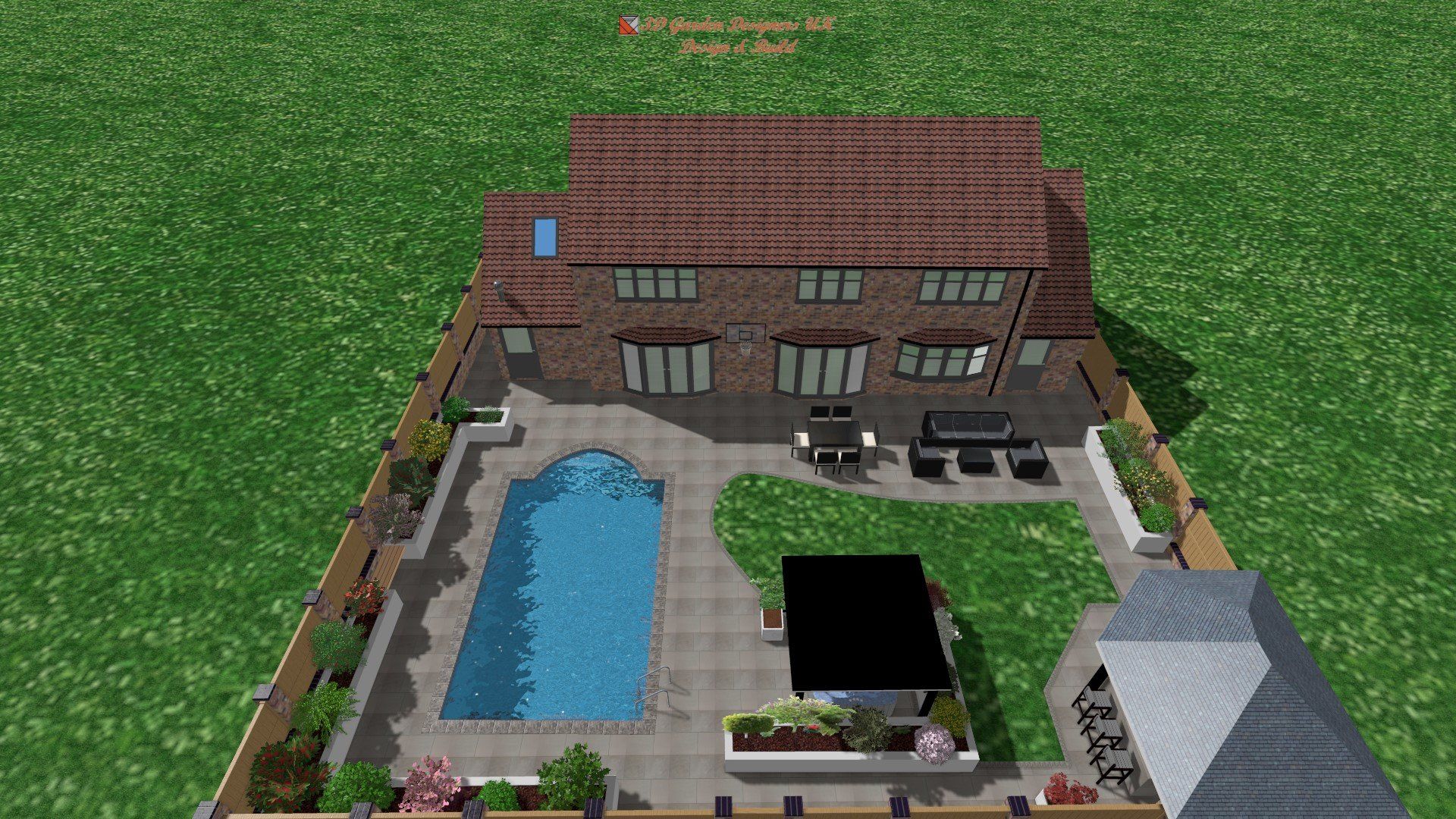 An aerial view of a house with a swimming pool in the backyard.