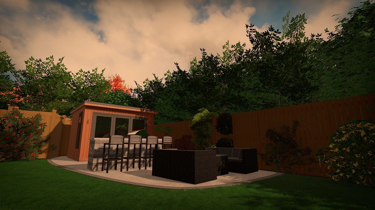 Backyard with shed, seating, trees, and cloudy sky. Green grass, orange fence, and brown shed.