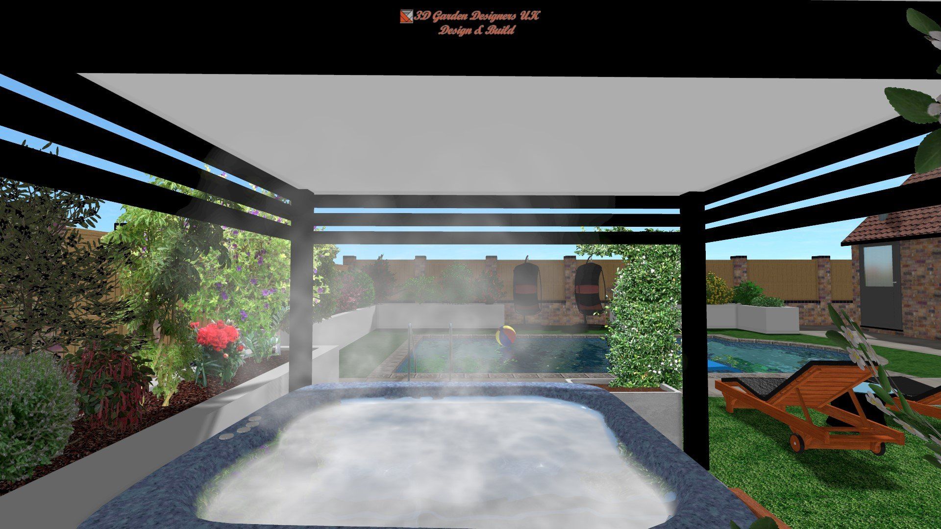 A computer generated image of a hot tub in a backyard