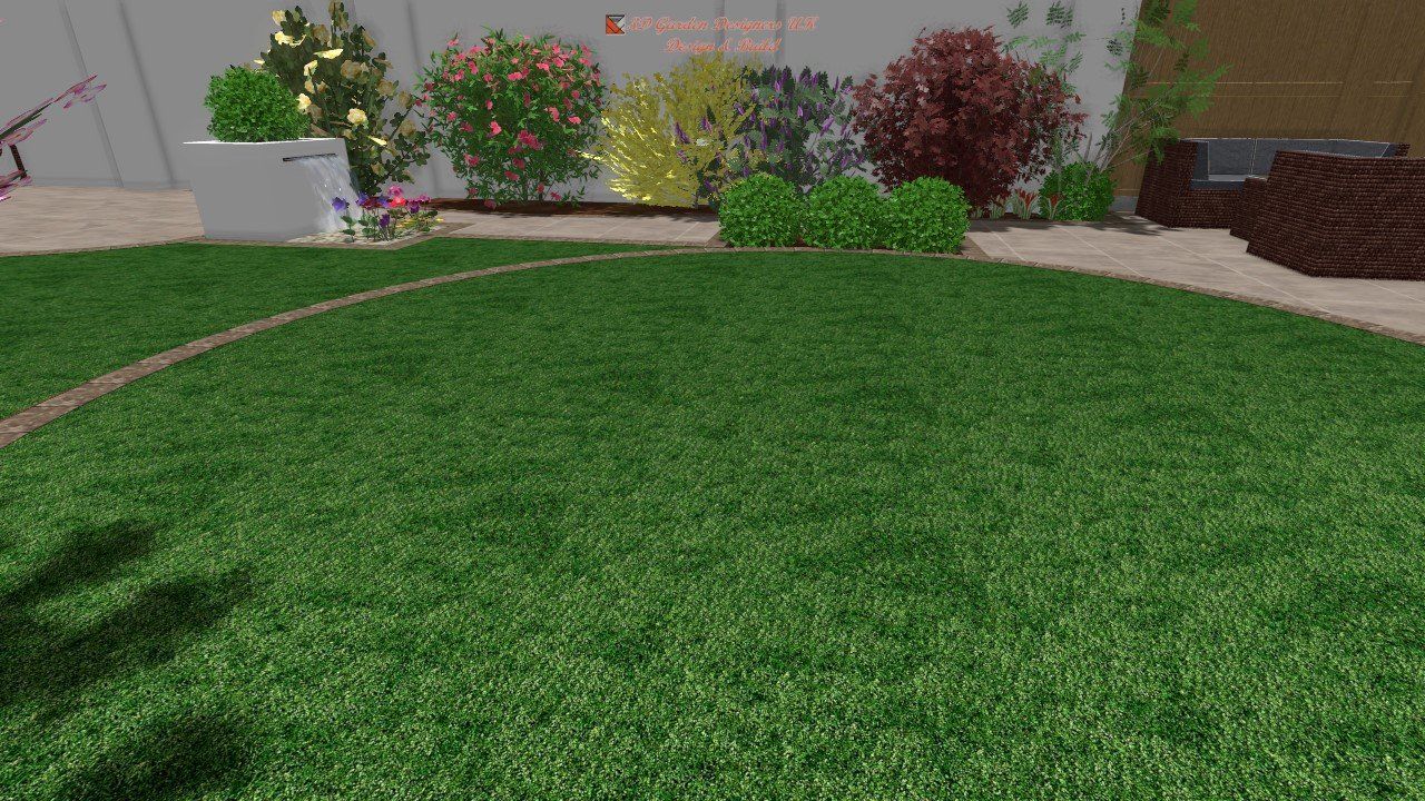 A computer generated image of a lush green lawn with a path.