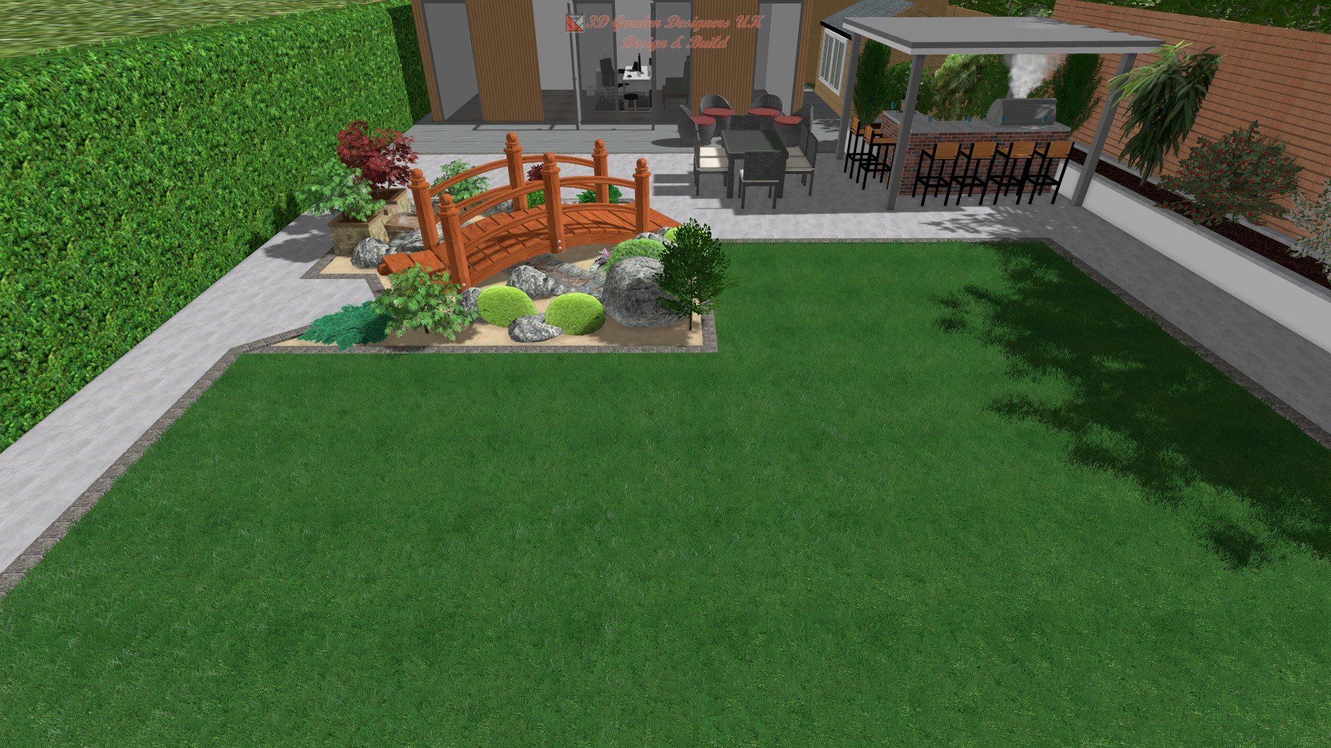 A 3d rendering of a backyard with a wooden bridge and a patio.