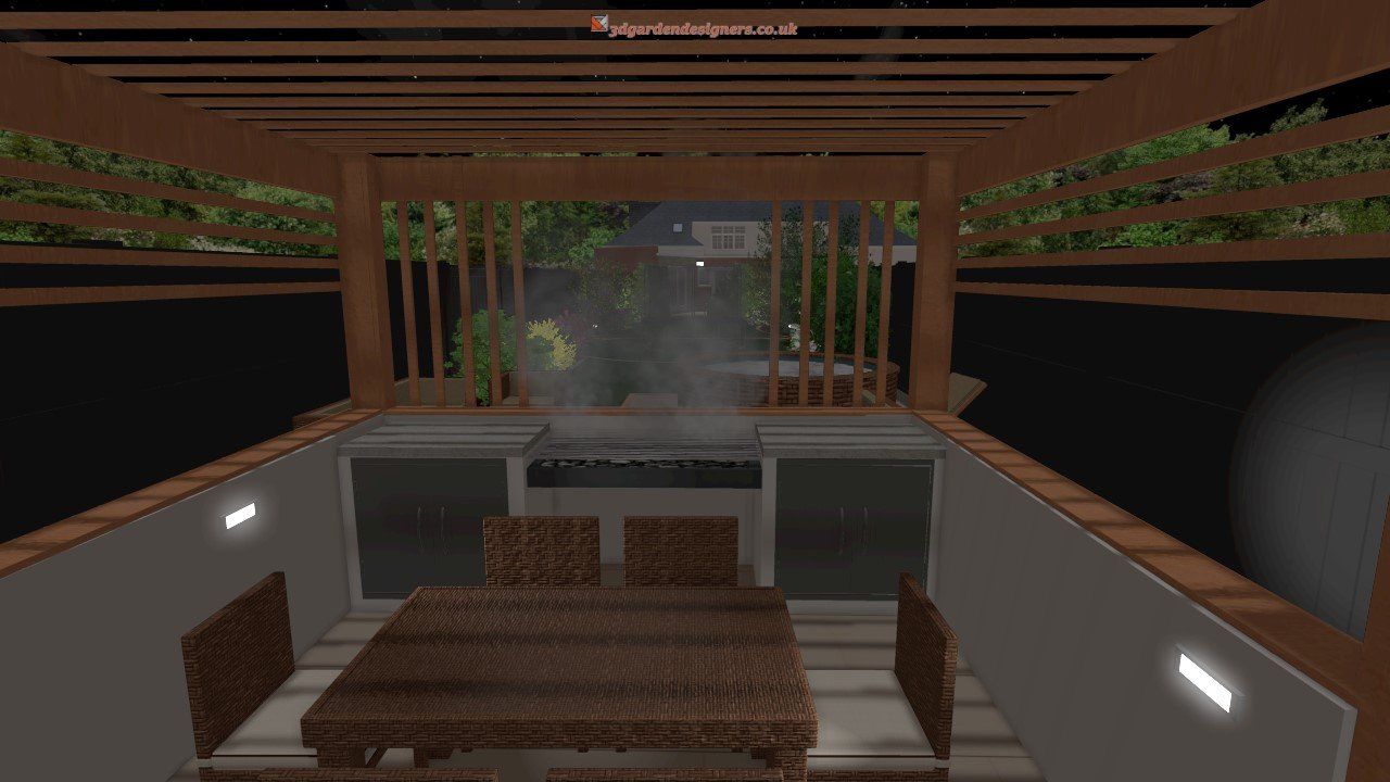 A computer generated image of a dining room with a table and chairs.