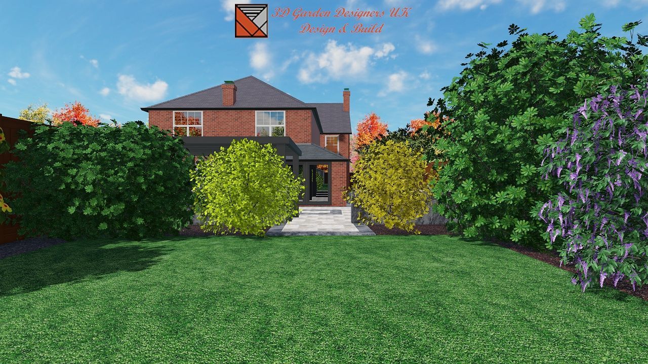 A computer generated image of a house with a lush green lawn and bushes in front of it.
