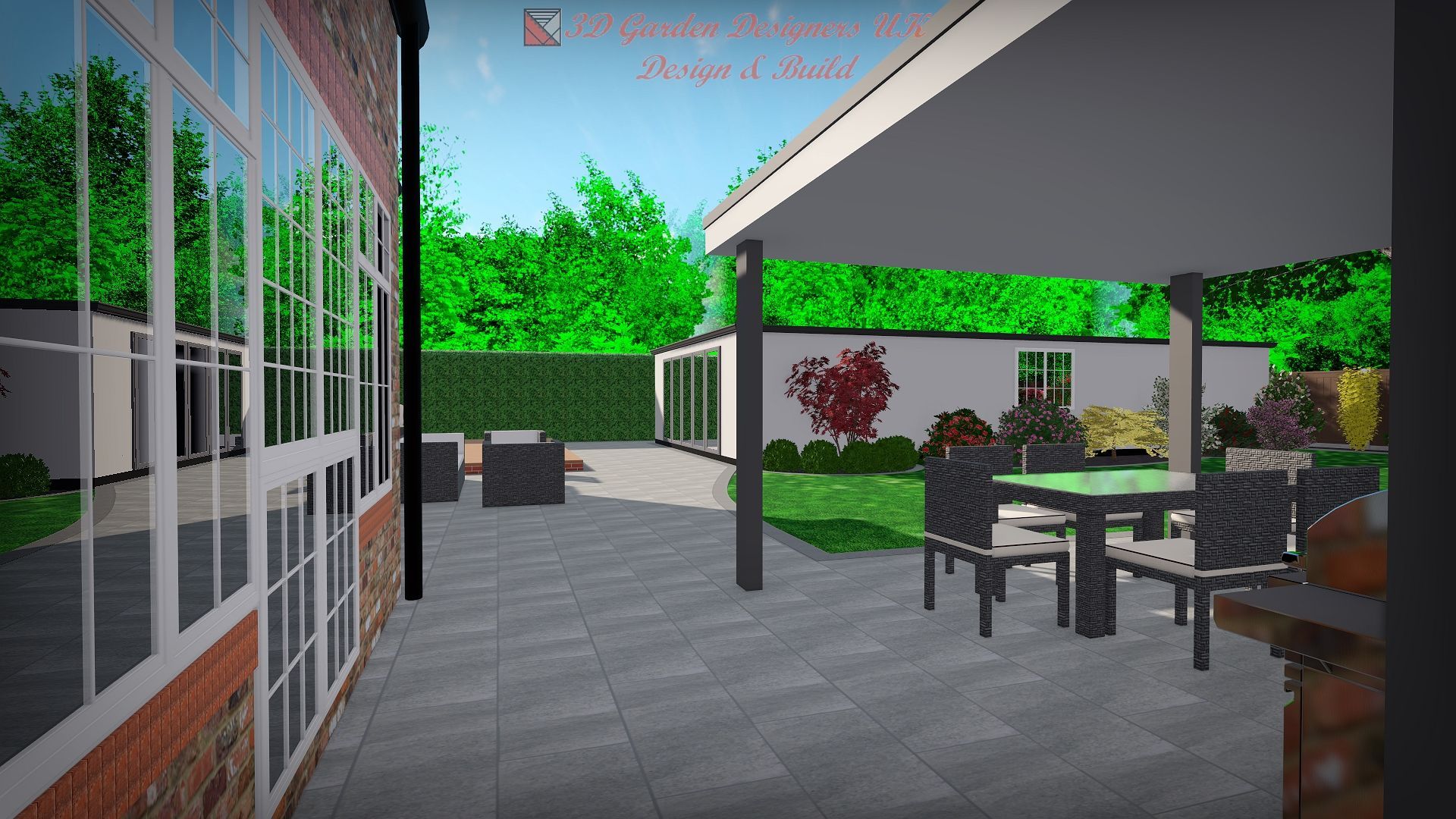 Patio with a dining set under a canopy, a building with large windows on the left, and a grassy area in the background.