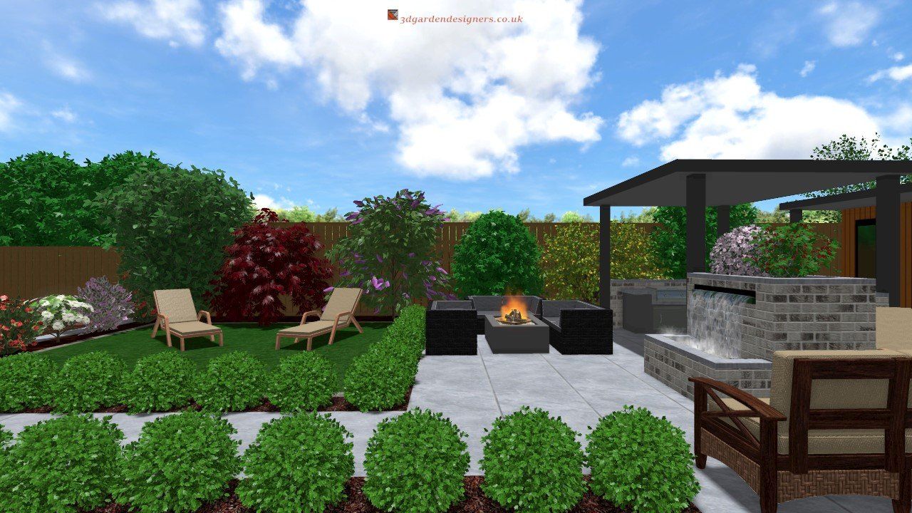 A computer generated image of a backyard with a fire pit and chairs.