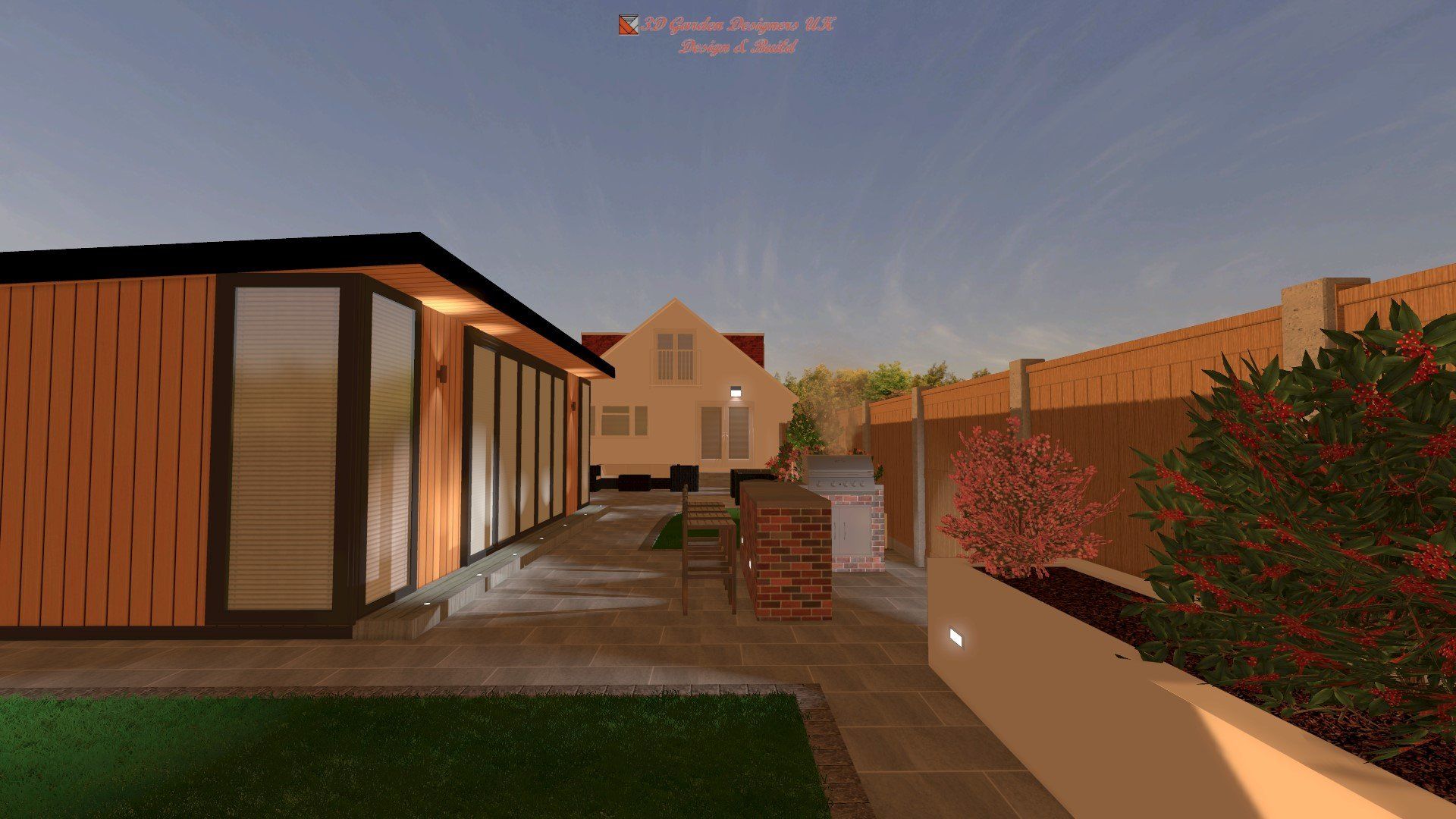 A computer generated image of a house with a fence in the background.