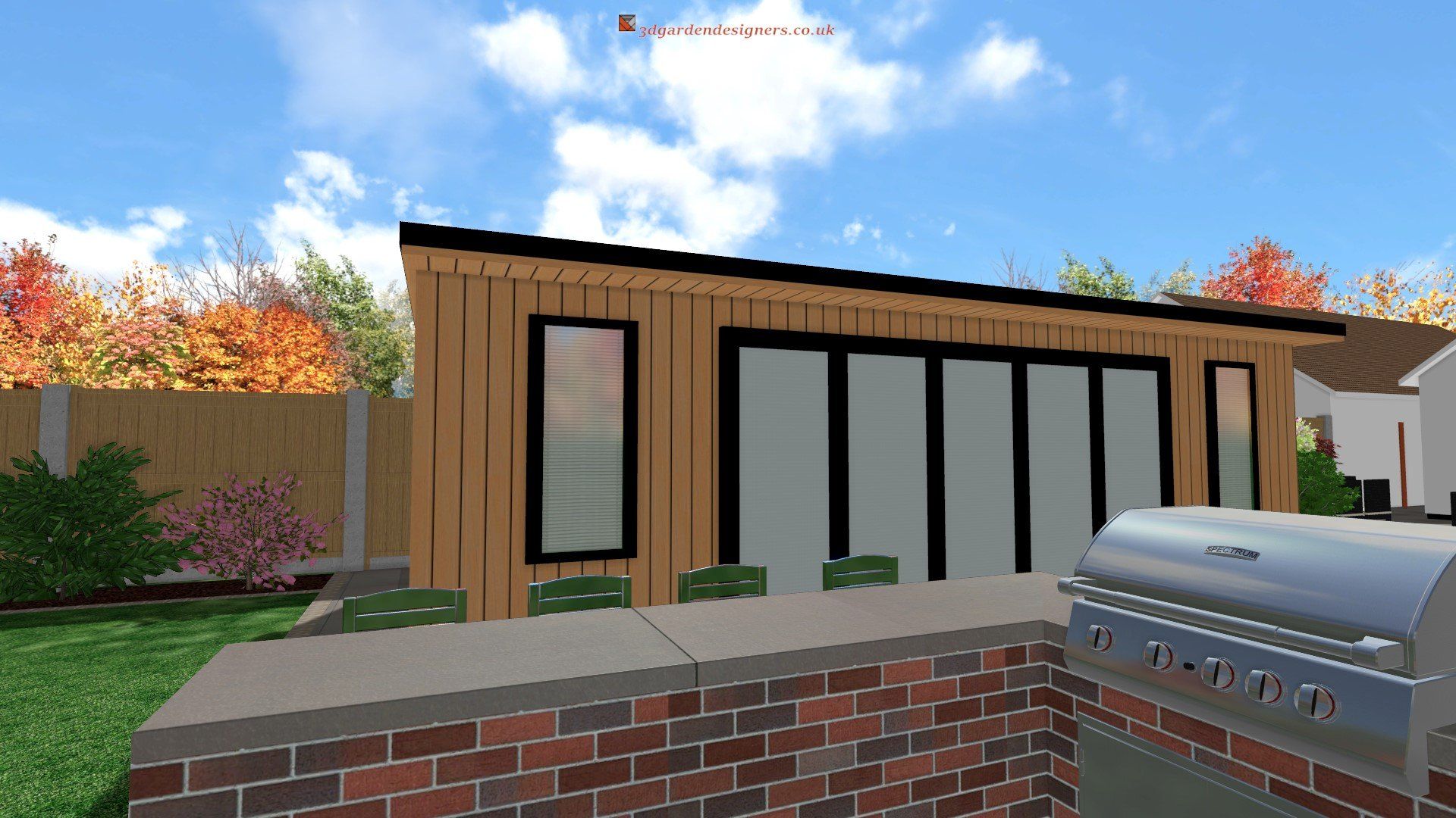 A computer generated image of a house with a bbq in front of it.