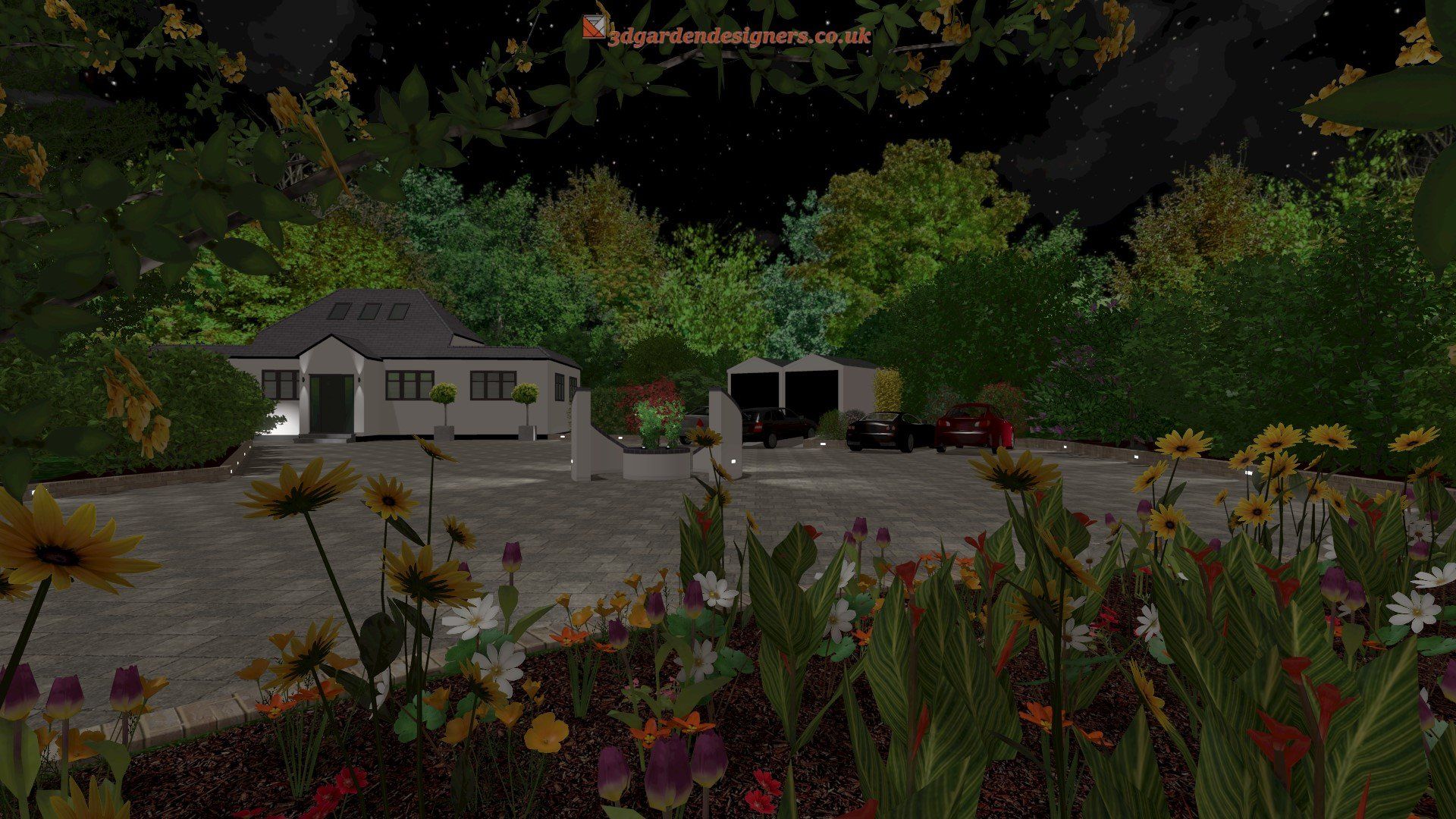 A house is surrounded by trees and flowers at night.
