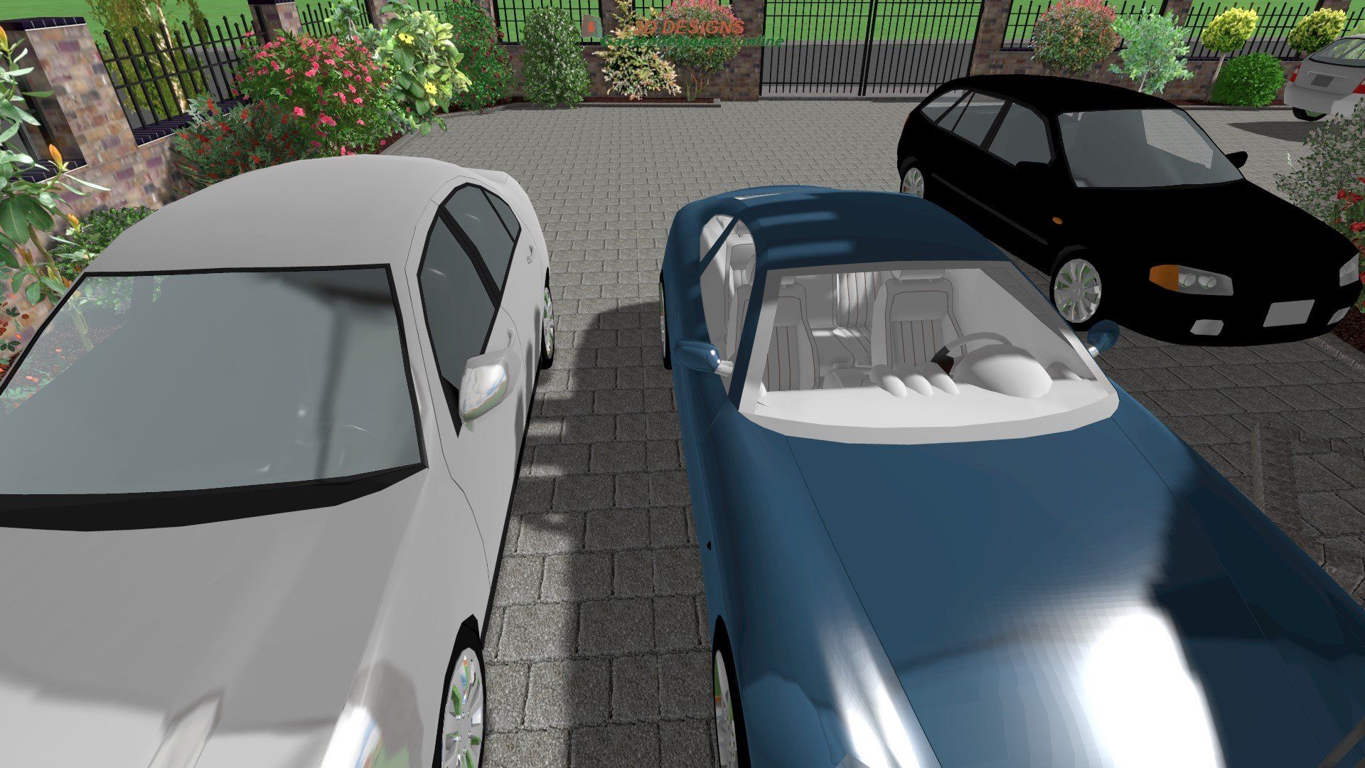 Two cars are parked next to each other in a driveway