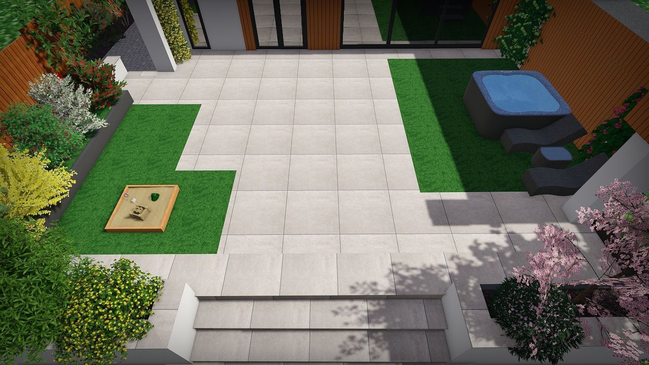 Top-down view of modern backyard with patio, hot tub, green grass, and landscaping.
