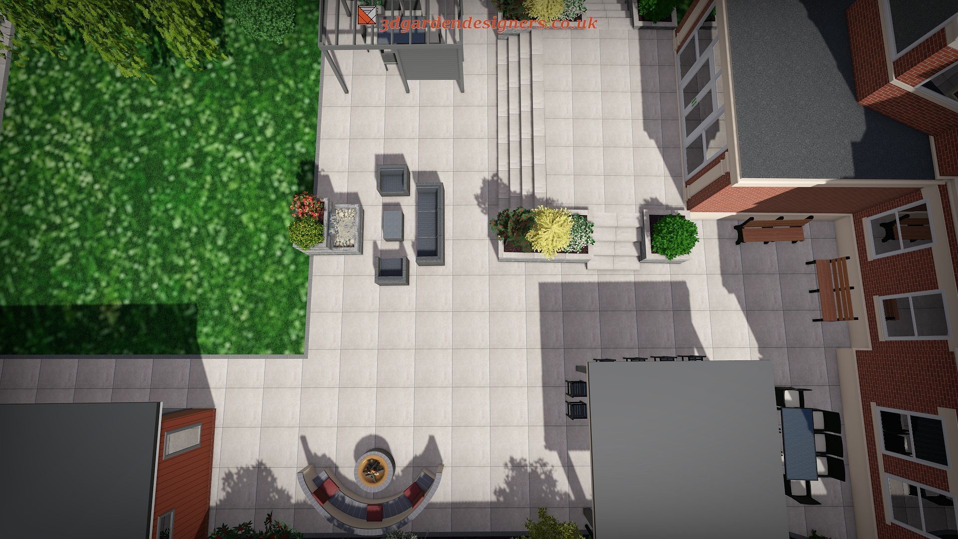 An aerial view of a patio with furniture and a fire pit.