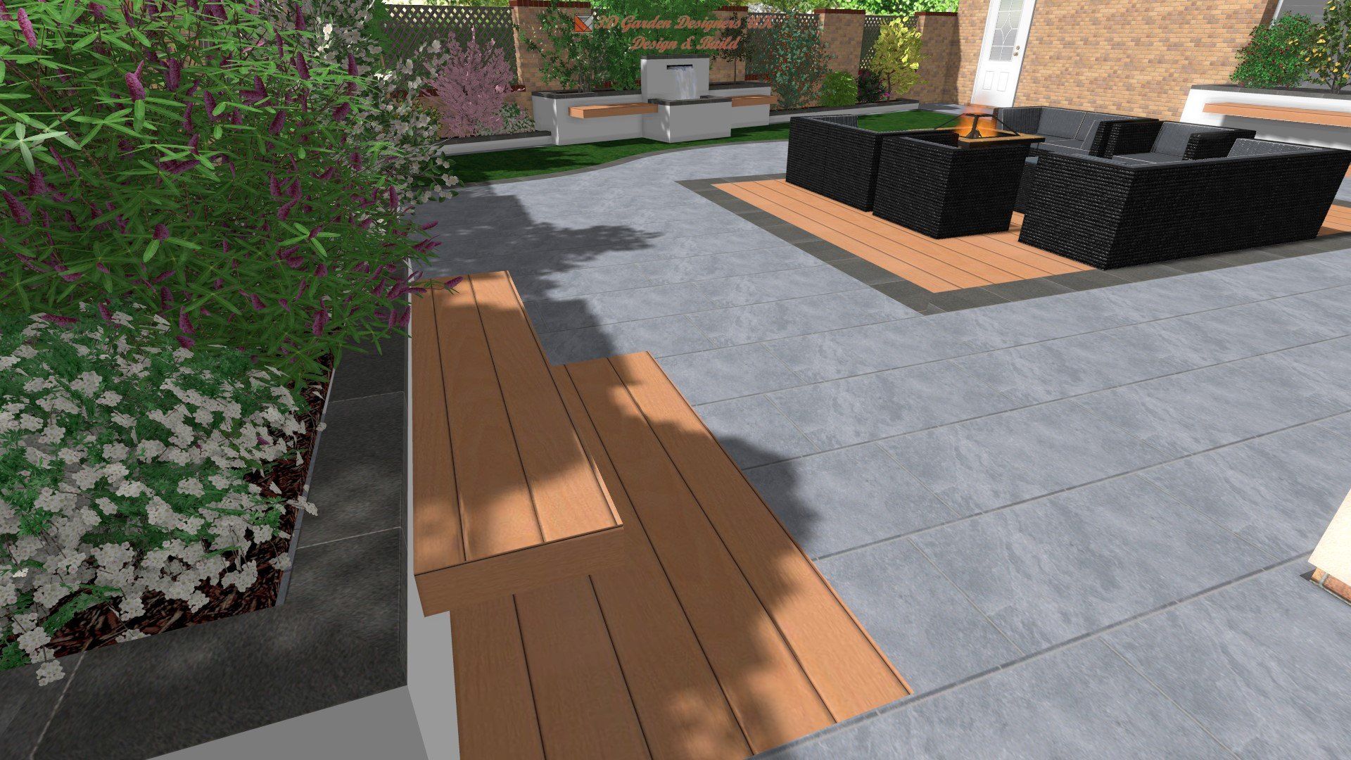 A computer generated image of a patio with a fire pit and a wooden bench.