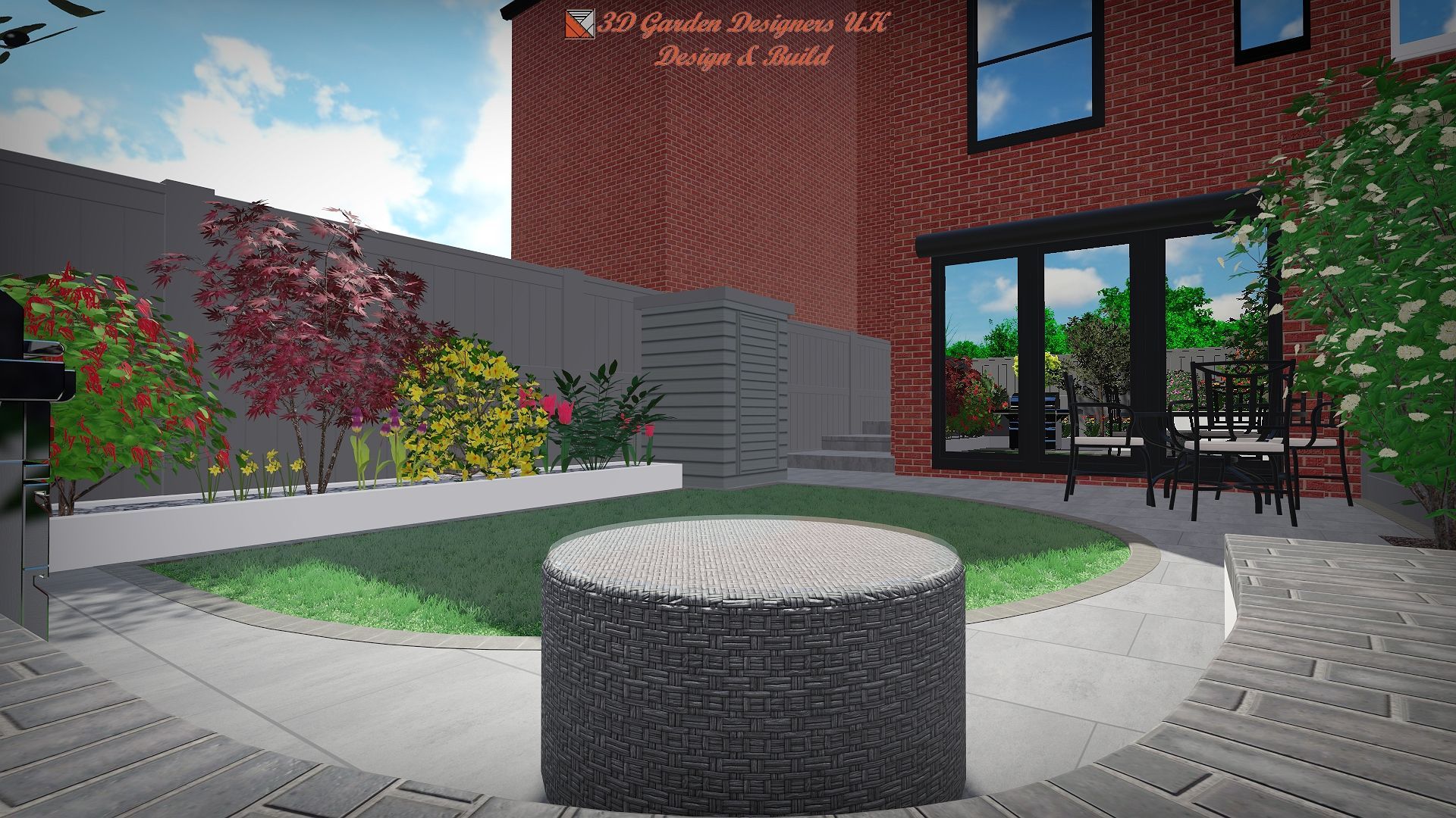 A computer generated image of a garden with a brick building in the background.