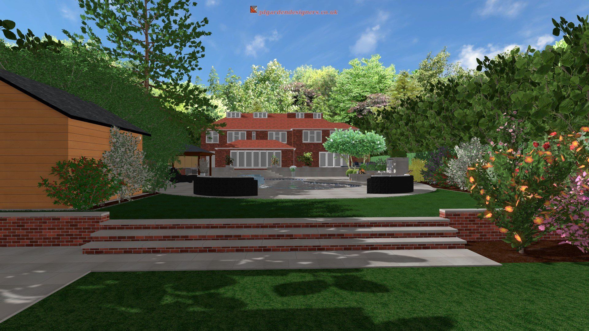 A computer generated image of a backyard with a house in the background