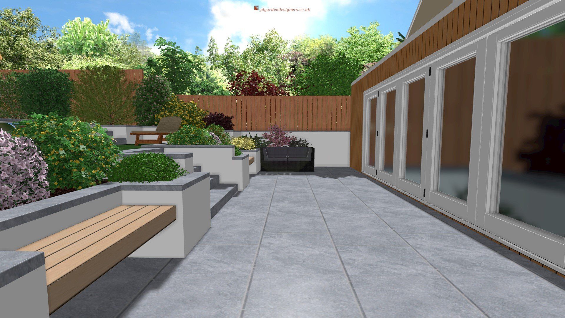 A computer generated image of a patio with a bench and sliding glass doors.