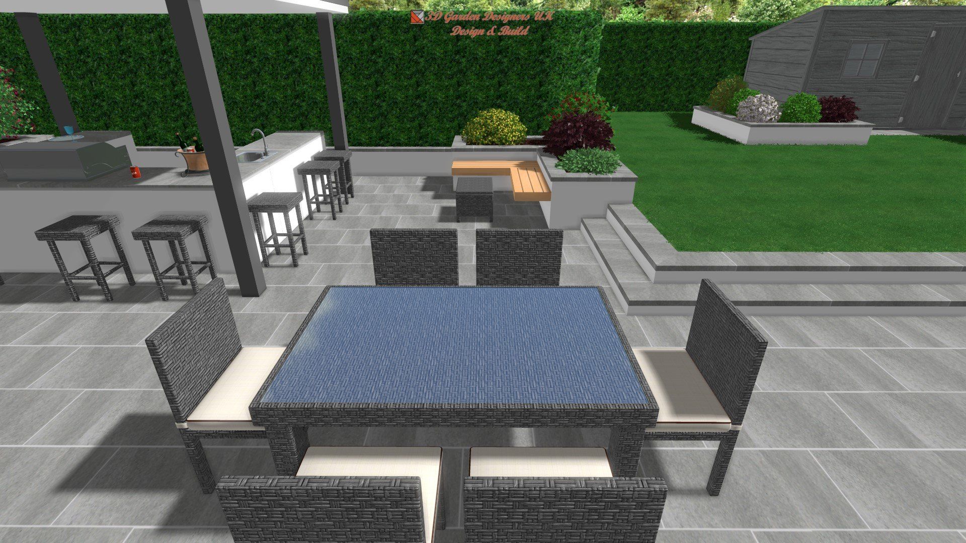 A computer generated image of a patio with a table and chairs