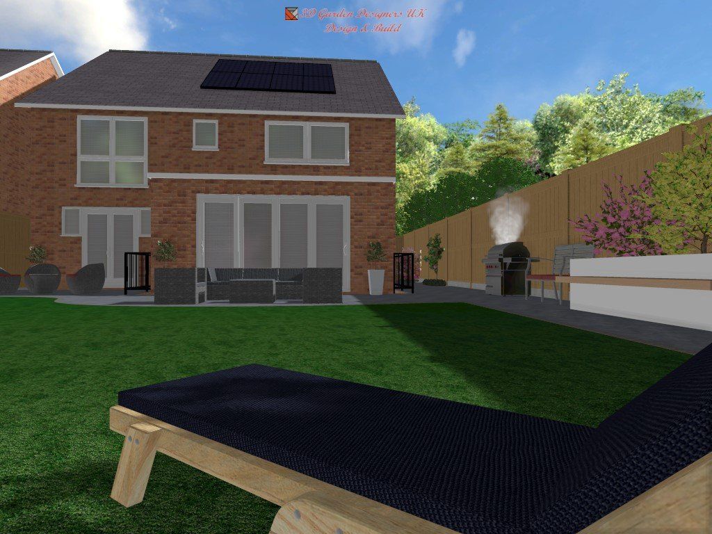 A computer generated image of a house with a lawn chair in front of it