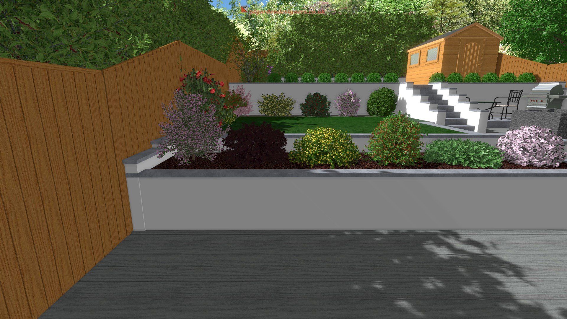 A computer generated image of a garden with a wooden fence