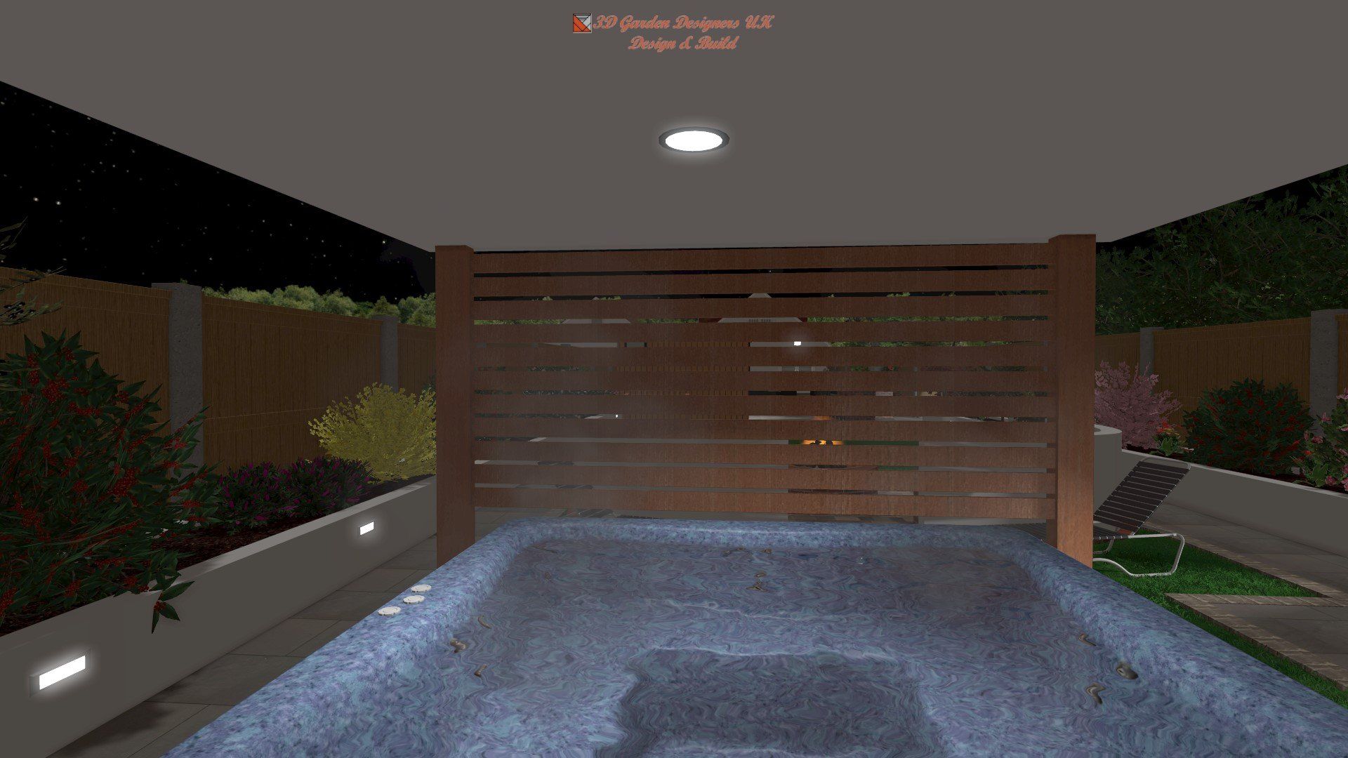A computer generated image of a swimming pool at night.