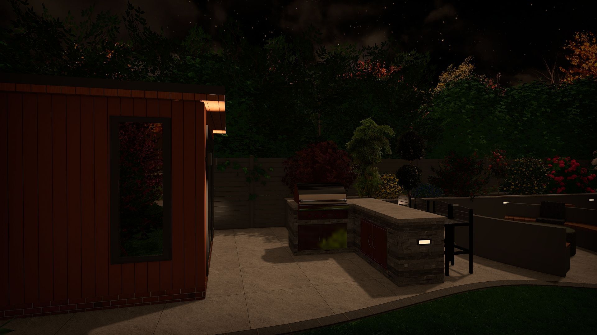 Backyard at night with a shed, patio with built-in grill, and lush greenery in the background.