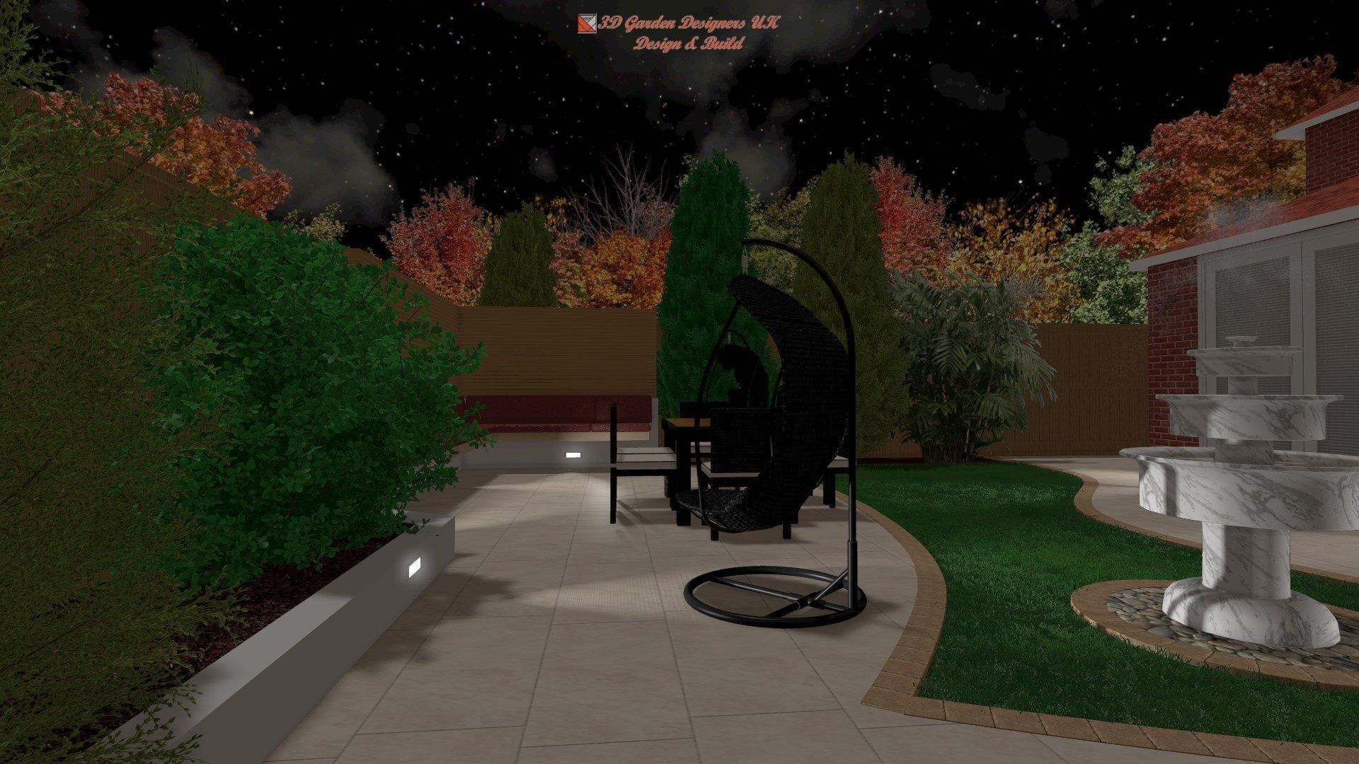 A computer generated image of a backyard at night