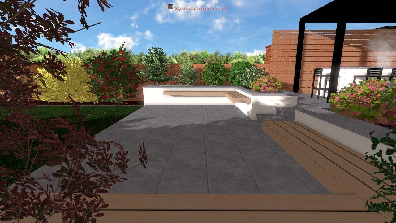 A computer generated image of a patio with a pergola