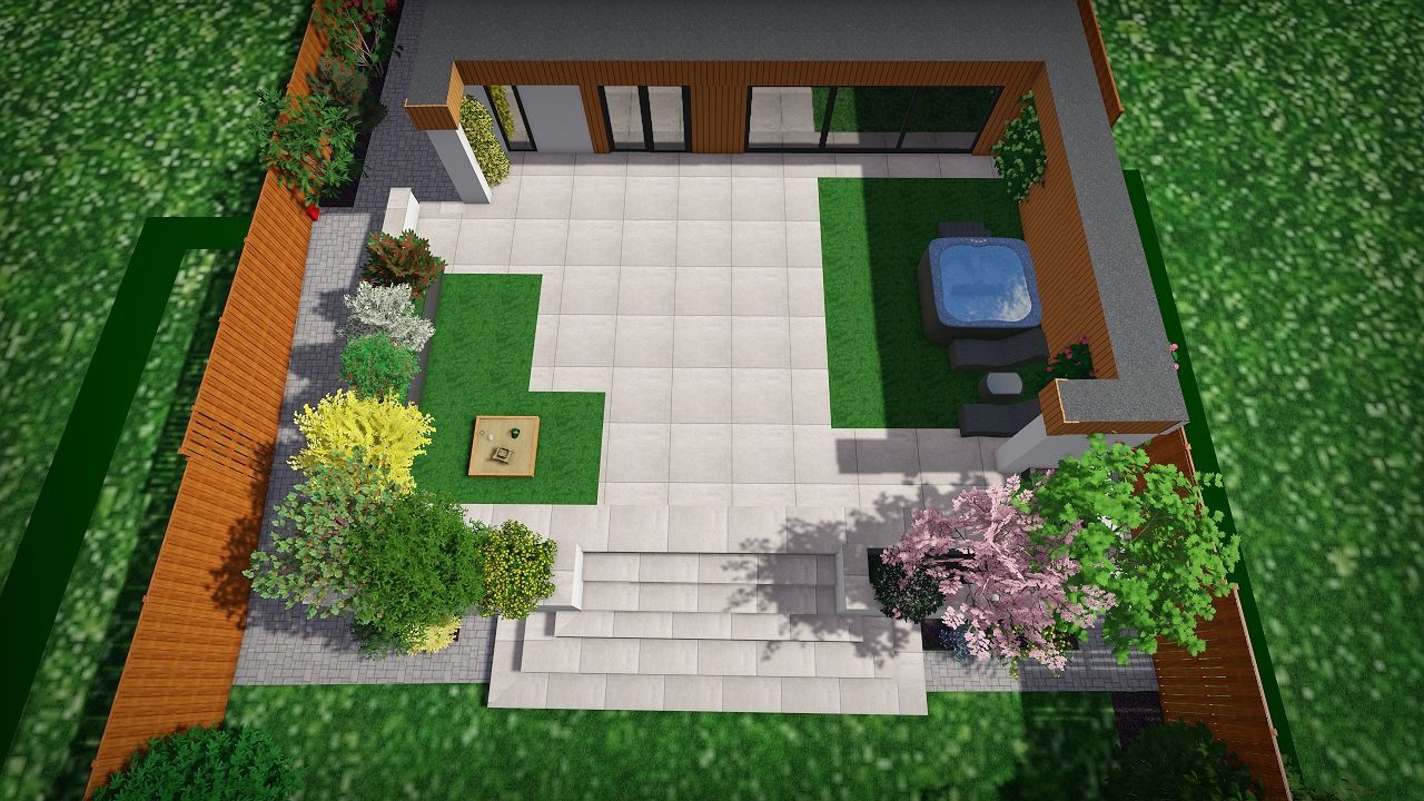 Top-down view of a modern backyard patio with a hot tub, lawn, and decorative plants.