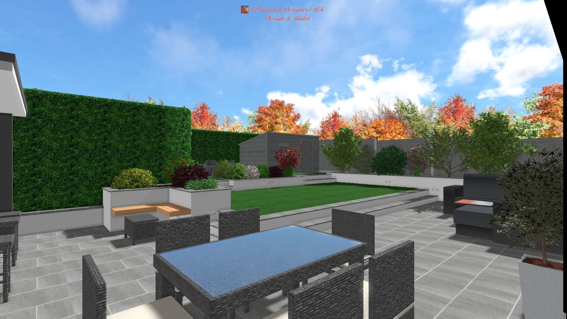 A computer generated image of a patio with a table and chairs
