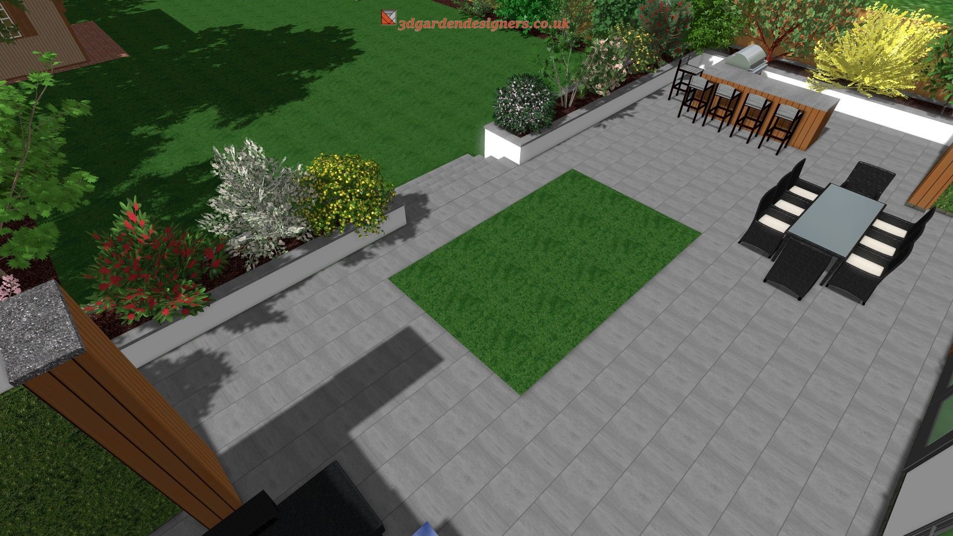 An aerial view of a patio with a table and chairs