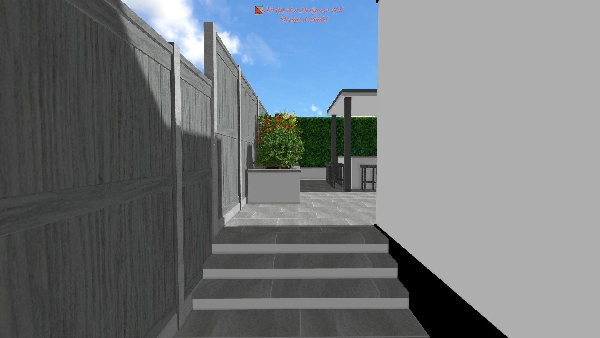A computer generated image of a fence and stairs leading to a garden.