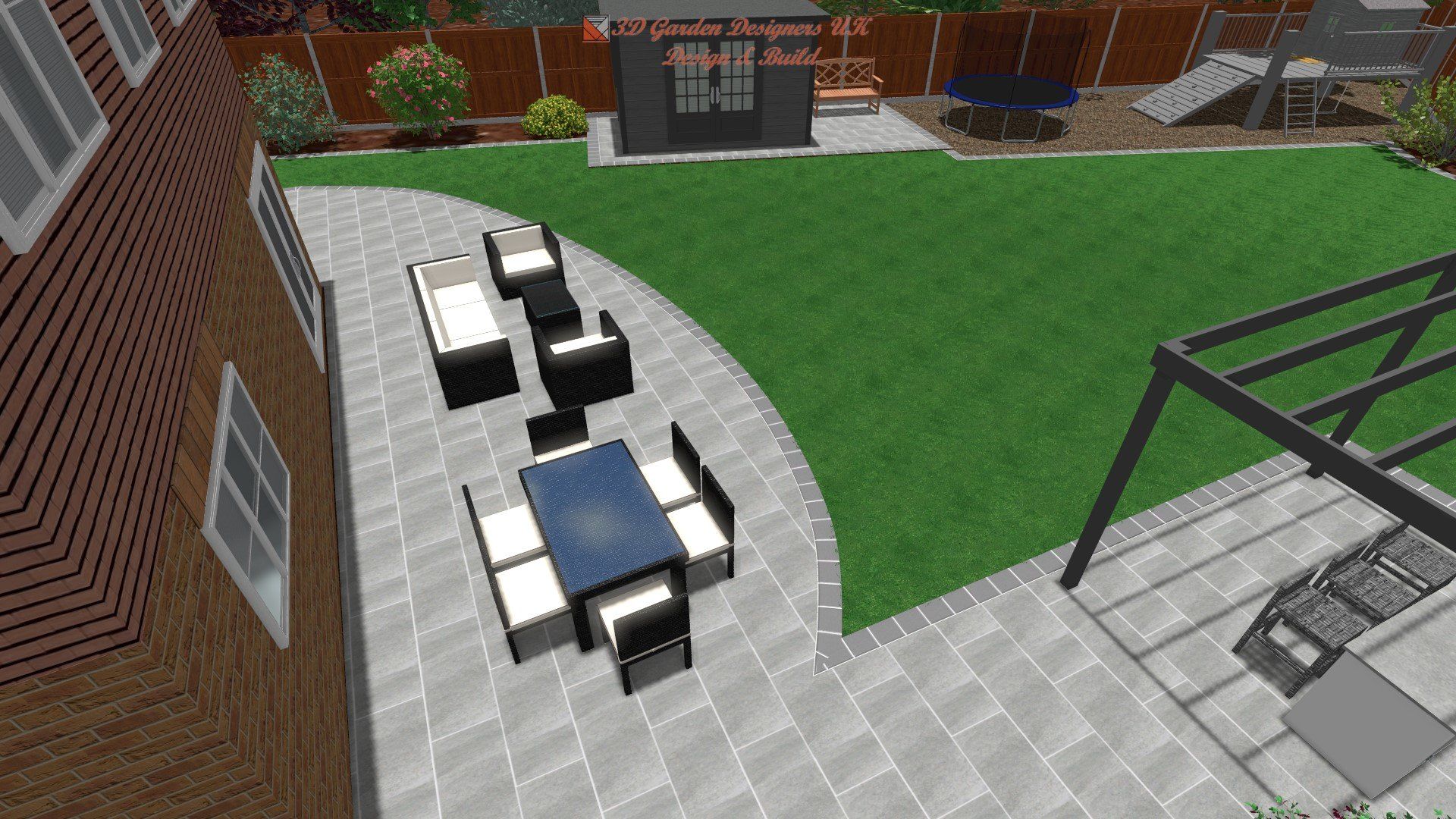 A computer generated image of a backyard with a table and chairs.
