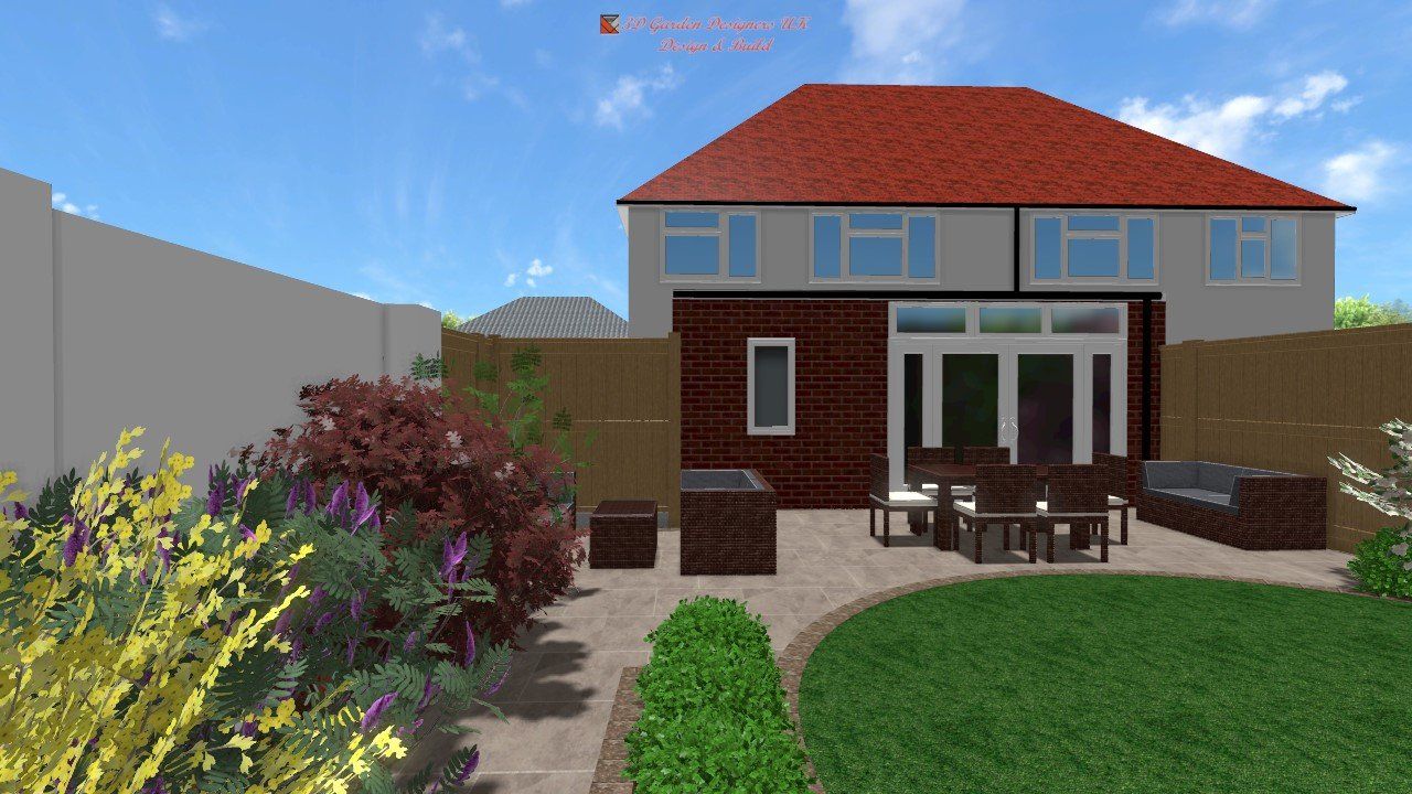 A computer generated image of a house with a red roof