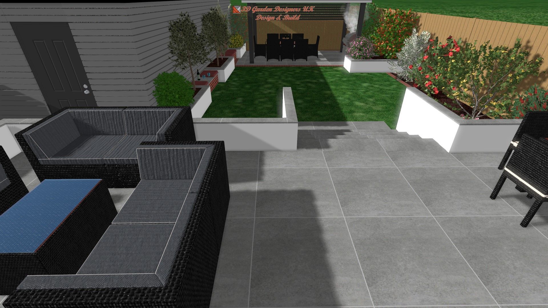 A computer generated image of a patio with a couch and chairs.