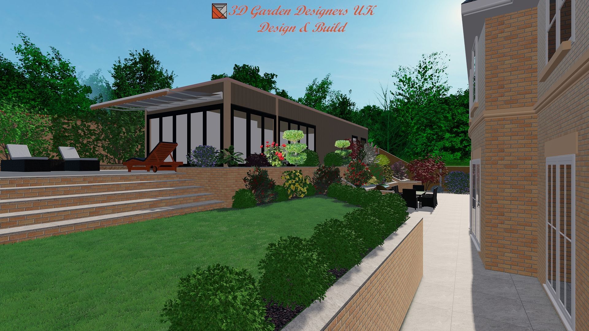 A computer generated image of a house with a lush green yard