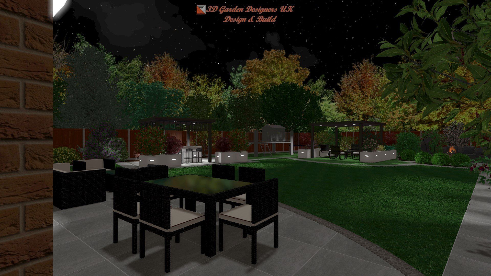 A computer generated image of a garden with a table and chairs