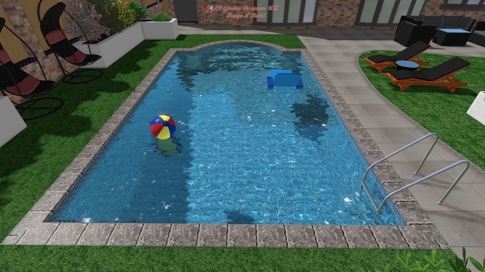 A large swimming pool with a beach ball in it.