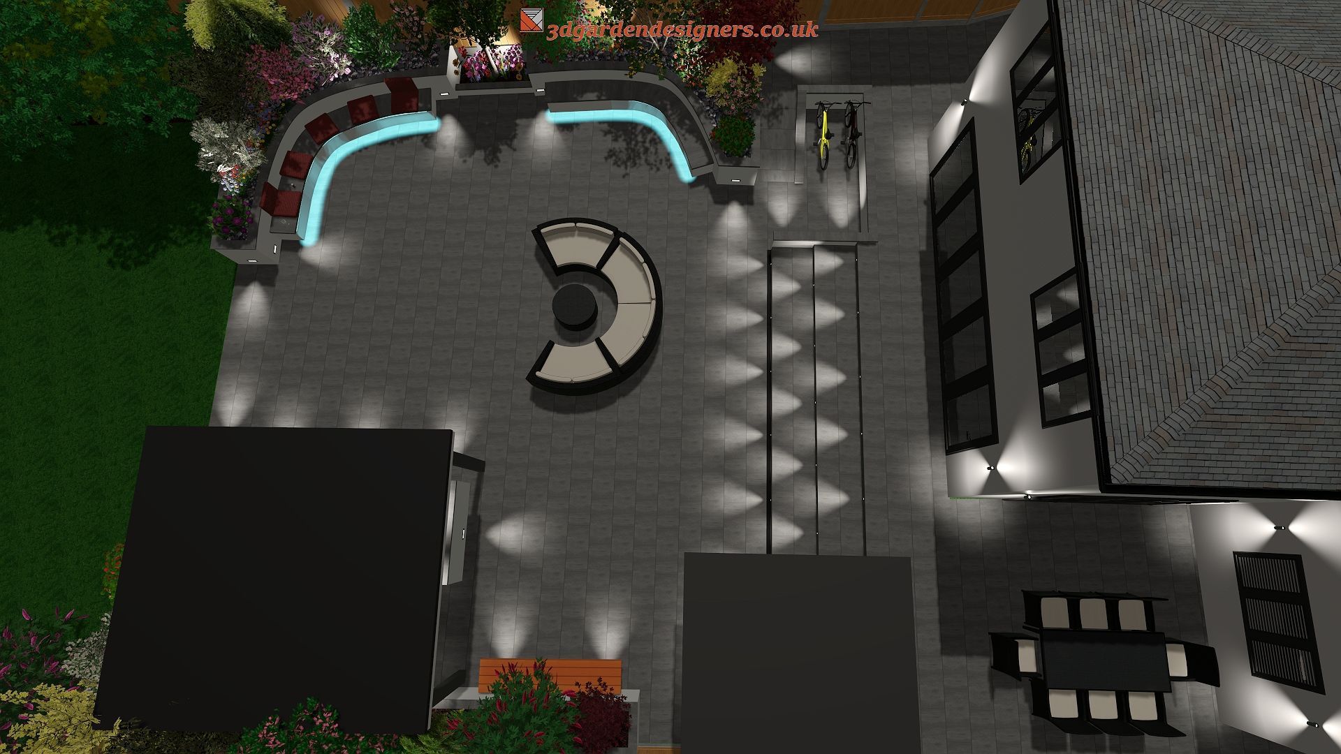 Overhead view of modern backyard patio with seating, lighting, and a garden.